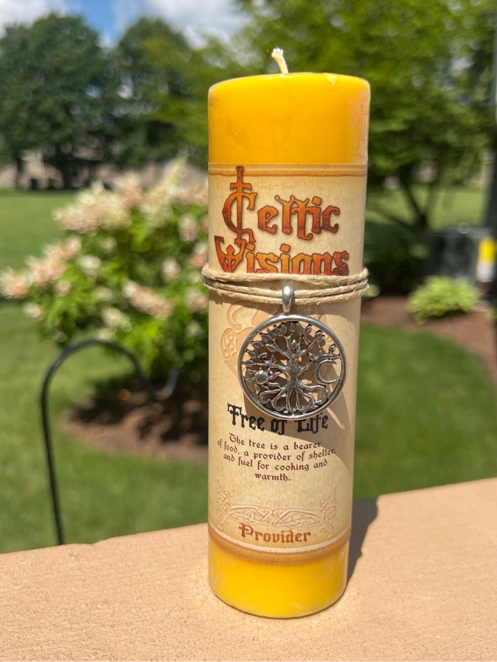 Tree of Life Yellow Pillar Candle with Tree of life pendant Medallion